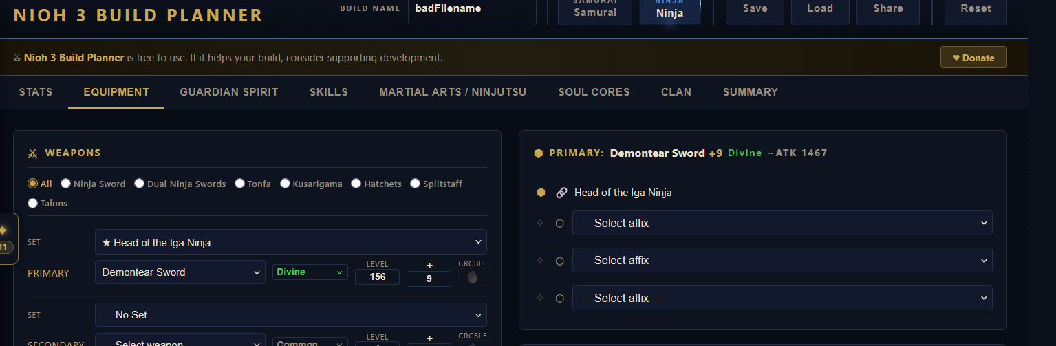Nioh 3 equipment builder interface showing weapon selection, rarity, enhancement level, and live stat panel